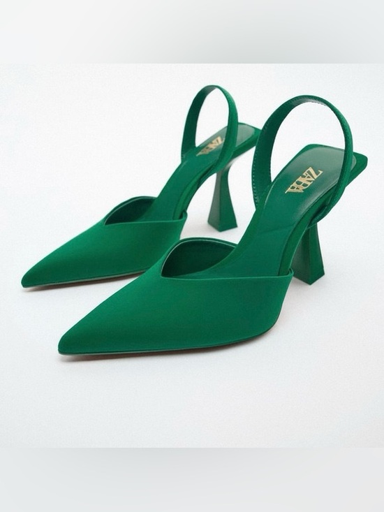 Zara Shoes - Zara Emerald Green Satin Slingback Pointed Toe Heels Size 38 EU / US 7.5